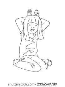 A cheerful, smiling young woman, the girl sits on her knees and holds her hands above her head like the ears of a hare. Vector illustration in a doodle style, isolated on a white background.