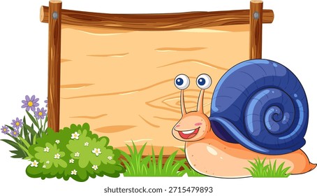 Caracol alegre con la cáscara azul al lado de la muestra de madera en blanco, rodeado de hierba y flores