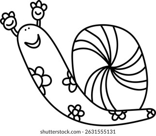 Um caracol alegre é retratado em um estilo desenhado à mão com padrões florais.  O molusco amigável carrega uma concha espiral adornada com flores. Ilustração de vetor de desenhos animados