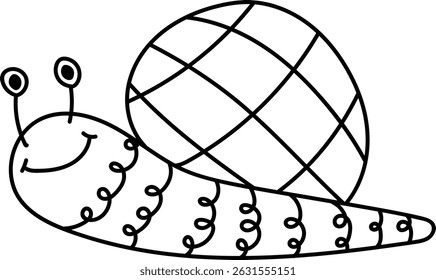 A cheerful snail is depicted with a patterned shell in a hand-drawn line art style.  The tiny creature smiles contentedly as it carries its segmented, geometric home. Cartoon vector illustration