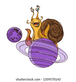Cheerful snail on the planet Saturn. Funny illustration on the space theme. Design for t-shirts and items.