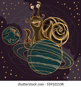 Cheerful snail on the planet Saturn. Funny illustration on the space theme on dark background. Design for t-shirts and items.