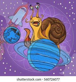 Cheerful snail on the planet Saturn. Funny illustration on the space theme on purple background. Design for t-shirts and items.