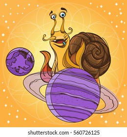 Cheerful snail on the planet Saturn. Funny illustration on the space theme on a yellow background. Design for t-shirts and items.