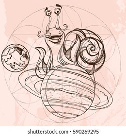 Cheerful snail on the planet Saturn. Funny illustration on the space theme on grunge background. Design for t-shirts and items.