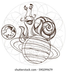 Cheerful snail on the planet Saturn. Funny illustration on the space theme on grunge background. Design for t-shirts and items.