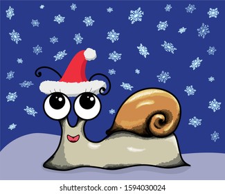 Cheerful snail in santa hat watching snow falling snowflakes vector illustration card