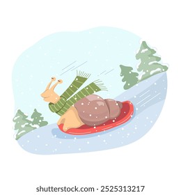 Cheerful snail in a warm winter scarf rushing on a sled down the mountain, winter vacation.