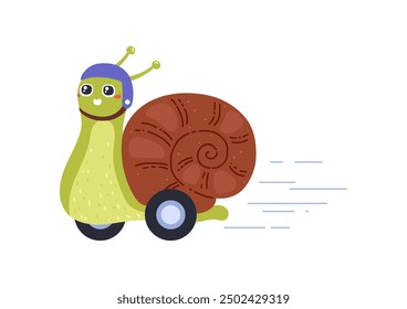 Cheerful snail wearing a blue helmet, riding on wheels with a brown shell. Vector illustration of a cute snail character moving quickly, with motion lines indicating speed.