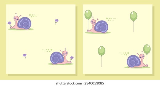 Cheerful snails on a soft yellow background. Set of two vector seamless children's patterns.