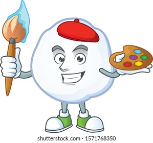 Cheerful snowball painter cartoon character with brush