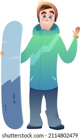 A cheerful snowboarder holds a snowboard and waving. A man in a bright ski suit and a cap with a ponmon