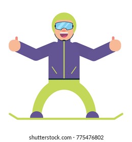 Cheerful snowboarder stands on the snowboard and shows class. Without a background. Vector image