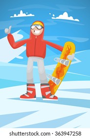 cheerful snowboarders on top of the slope