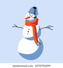 A cheerful snowman, adorned with a blue hat and an orange scarf, stands against a light blue background, embodying the spirit of winter celebrations and holiday joy.