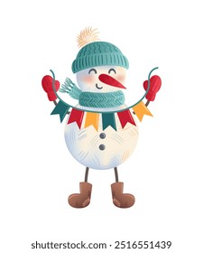 A Cheerful Snowman adorned with a Scarf and Hat, Holding Festive Decorations, Smiling happily. Cute childrens Christmas character. illustration in watercolor style. For sticker, postcard, design