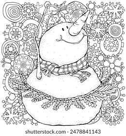 Cheerful Snowman ballerina. Ballet dancer. Snowflakes. Winter, snow, sled, carrot, buttons. Merry Christmas, Happy New Year. Pattern for adult coloring book. Black and white.