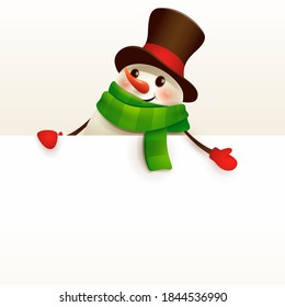 Cheerful Snowman with big blank signboard. Wide empty space for design.