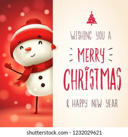 Cheerful Snowman With Big Signboard. Merry Christmas Calligraphy Lettering Design. Creative Typography For Holiday Greeting.