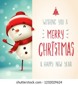 Cheerful snowman with big signboard. Merry Christmas calligraphy lettering design. Creative typography for holiday greeting.