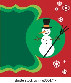 Cheerful snowman in bowler hat on snow flakes red background- greeting card template.