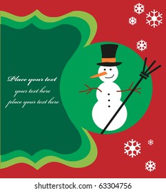 Cheerful snowman in bowler hat on snow flakes red background- greeting card template.