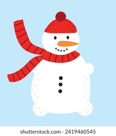 Cheerful snowman with a bright red hat and scarf waving under a wintry sky. Cartoon snowman smiling in festive attire, symbolizing holiday joy.