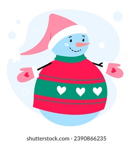 Cheerful snowman in a brightly colored sweater. Colorful illustration on white background