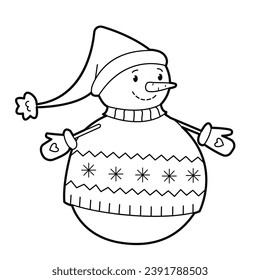 Cheerful snowman in a brightly colored sweater. Black white outline illustration. Suitable for anti-stress and children's coloring books