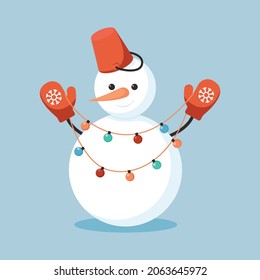 Cheerful snowman with bucket on head and mittens holds garland with colorful light bulbs in his hands. Greeting card for Christmas, New Year. Winter design. Cute cartoon character. Vector illustration