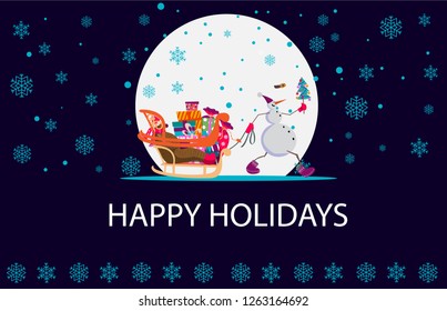 Cheerful snowman carries a big brown bear on a sleigh and presents. Bear in a hat and scarf. Horizontal color illustration on blue background for different purposes.