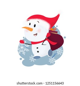 Cheerful snowman carrying sack of gifts. Fun, Christmas present, hurrying, Santa hat. Can be used for topics like Christmas, character, winter