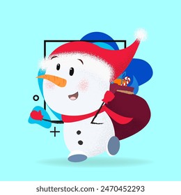 Cheerful snowman carrying sack of gifts. Fun, Christmas present, hurrying, Santa hat. Can be used for topics like Christmas, character, winter