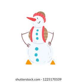 Cheerful snowman character in a hat and vest, Christmas and New Year holidays decoration element vector Illustration on a white background