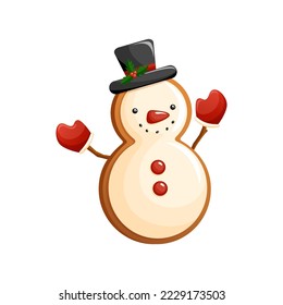 Cheerful Snowman Character With Icing Decoration, Snowman Top Hat, Red Gloves And Buttons. Funny Christmas Cookie Clipart. Traditional Sweet Xmas Ginger Biscuit.