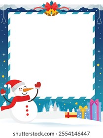 Cheerful Snowman Christmas Polaroid Frame – Winter Holiday Photo Template. Decorated with vibrant details like golden bells, a red ribbon, hanging ornaments, and twinkling stars