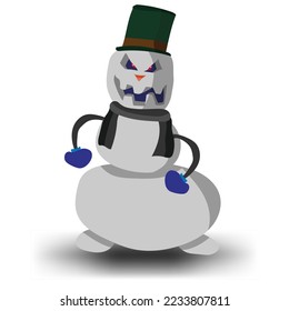 Cheerful snowman in a cone hat and a gentleman's scarf. Bright illustration. Vector graphics.