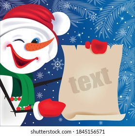 Cheerful snowman with a crane cap with an advertisement