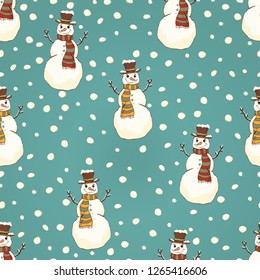 Cheerful snowman in cylinder hat and scarf seamless pattern, bright colorful cartoon drawing, vector background. Cute funny smiling happy drawn snow man on turquoise background and snowflakes 