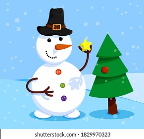 cheerful snowman is decorating the Christmas tree. Winter landscape and snowman. Meeting of Christmas and New Year. Winter fun. Cartoon vector