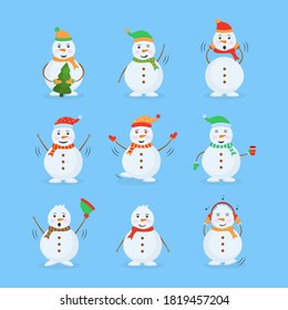 Cheerful snowman in different costumes. Funny snow man wearing hat, scarf and mittens collection. Set of funny cartoon characters, poses and emotions. Vector illustration in flat design.
