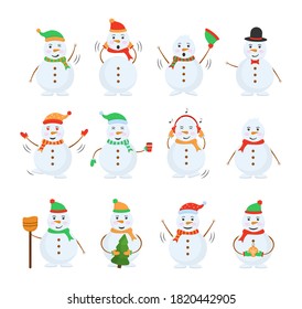 Cheerful snowman in different costumes. Funny snow man wearing hat, scarf and mittens collection. Set of funny cartoon characters, poses and emotions. Vector illustration in flat design.