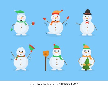 Cheerful snowman in different costumes. Funny snow man wearing hat, scarf and mittens collection. Set of funny cartoon characters, poses and emotions. Vector illustration in flat design.