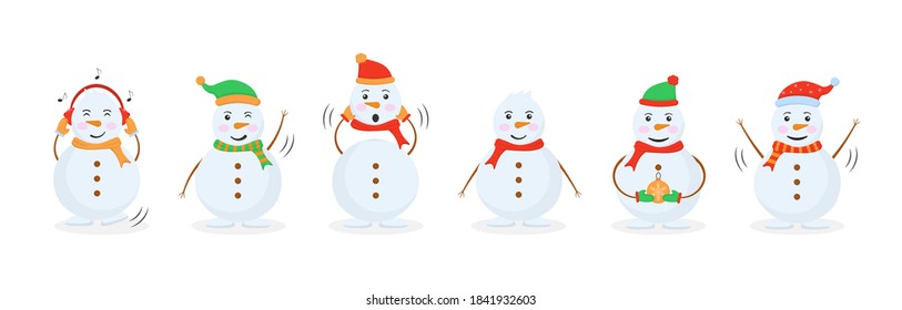 Cheerful snowman in different costumes. Set of funny cartoon characters, poses and emotions. Funny snow man wearing hat, scarf and mittens collection. Vector illustration in flat design.