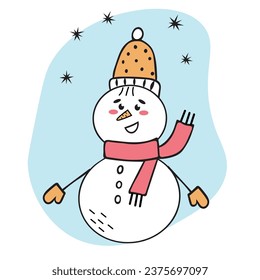 Cheerful snowman. Doodle illustration. Children s Christmas card. Hello winter