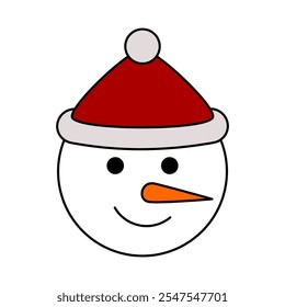 Cara alegre del muñeco de nieve con la capucha roja para la celebración de vacaciones de Navidades. Icono plano de estilo de dibujos animados para el Diseño gráfico de Navidad. Vector EPS con colores y trazo editables. 