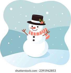 A cheerful snowman, a festive composition of snowflakes and decorations, merry greetings on a New Year's Christmas postcard. Snowflakes around a cheerful snowman, creating a festive atmosphere