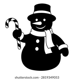 A cheerful snowman figure wearing a hat and scarf, holding a candy cane, perfect for holiday or winter season themes.