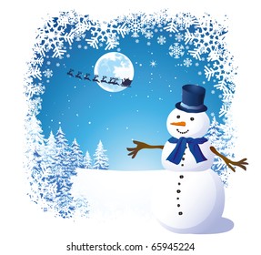 Cheerful snowman in front of a christmas night landscape scene.