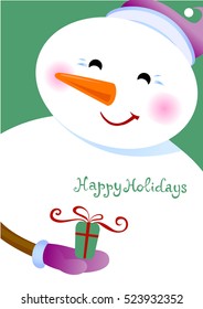 Cheerful snowman with a gift in a hand.